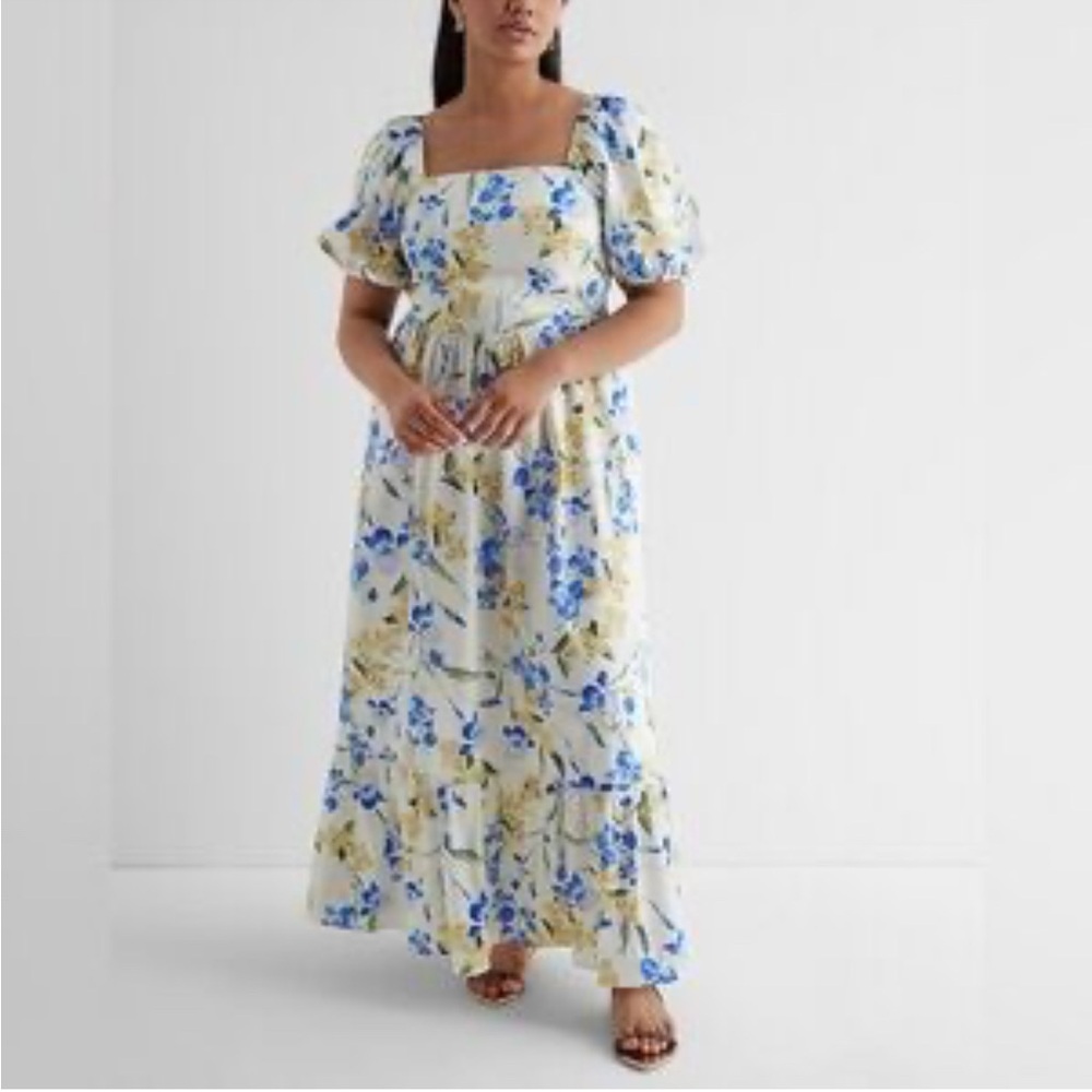Floral Square Neck Puff Sleeve Poplin Maxi Dress